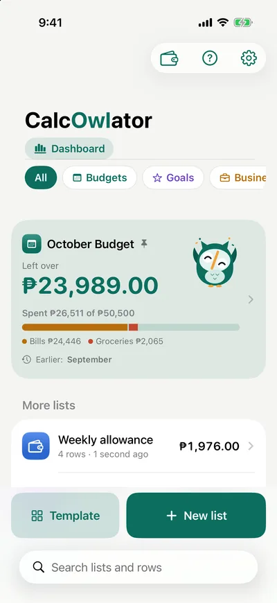 The lists home: October Budget pinned at the top with ₱23,989.00 left over and spending by section, filters for Budgets, Goals and Business, a Weekly allowance list below, and a search field.